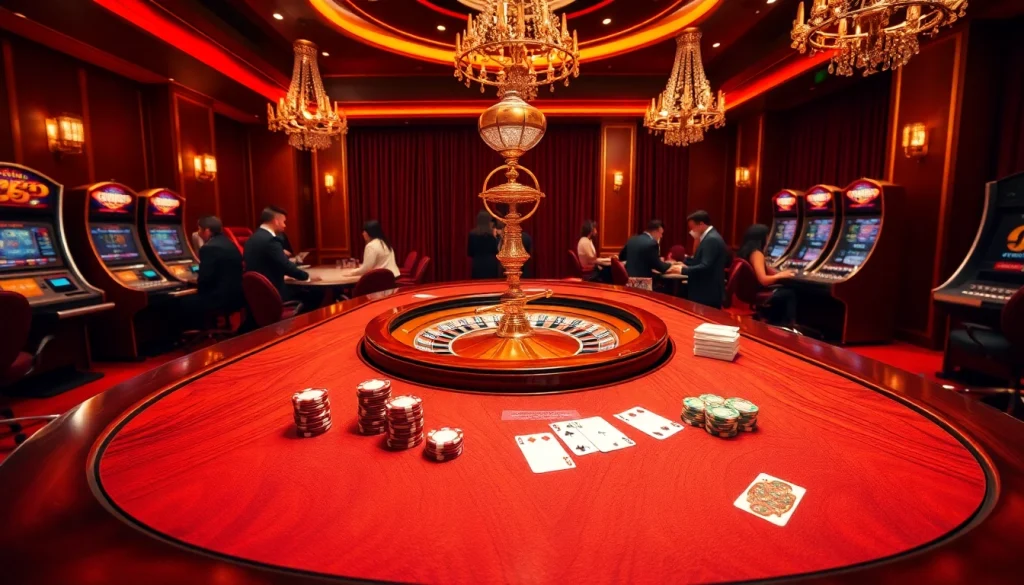 Experience the thrilling atmosphere of Nhà Cái 789P with vibrant casino gaming elements like poker tables and roulette wheels.