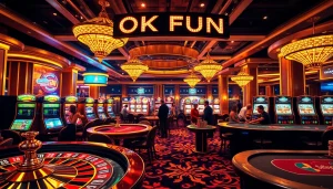 Players engaged in high-stakes games at a vibrant casino, showcasing OK FUN atmosphere and excitement.