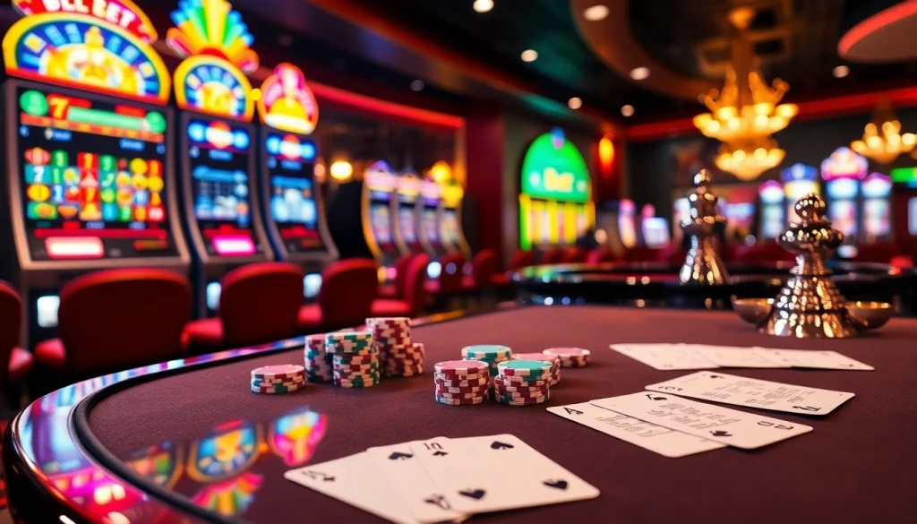 Exciting gambling action at i5bet with poker chips, roulette wheel, and vibrant slots.