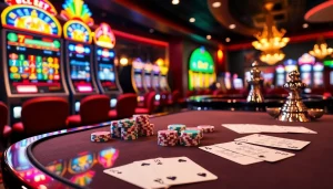 Exciting gambling action at i5bet with poker chips, roulette wheel, and vibrant slots.