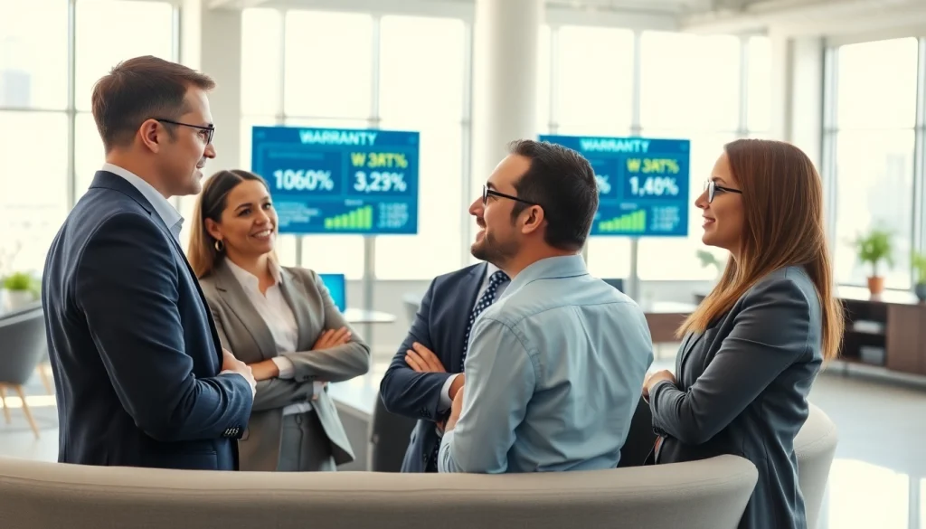 Expert led warranty company team collaborating in a bright, modern office setting.