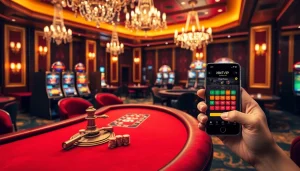Tương tác với ứng dụng betvip trong bầu không khí casino sống động, có bàn poker và máy đánh bạc.