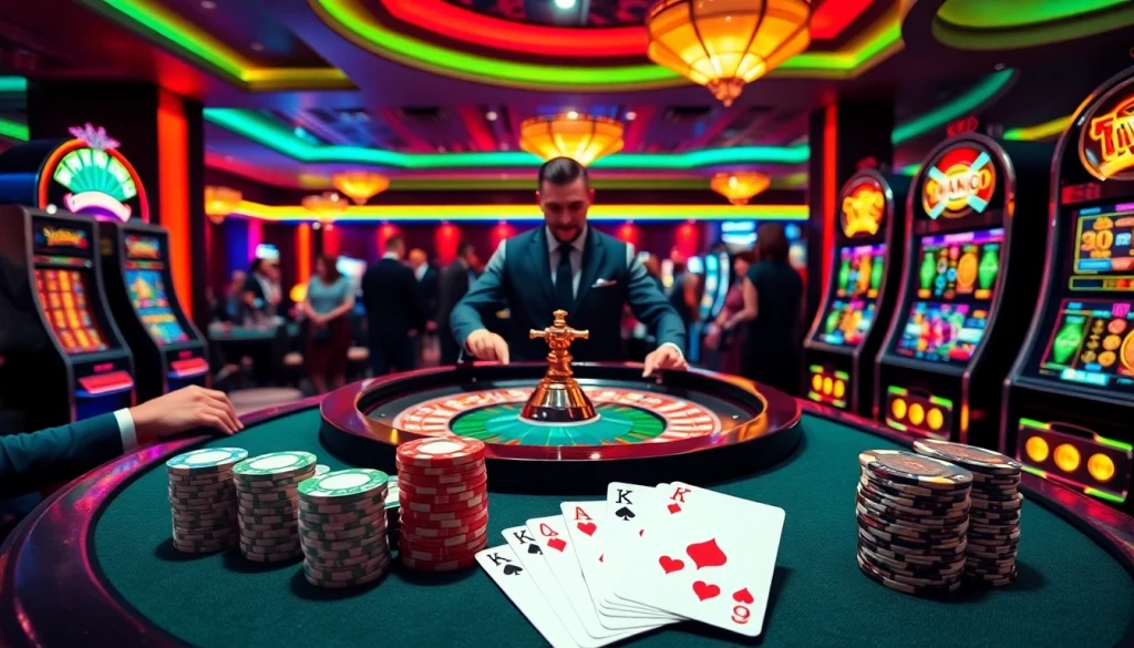 Engaging gamblers at MK8 casino table with vibrant roulette, poker chips, and spin slot machines.