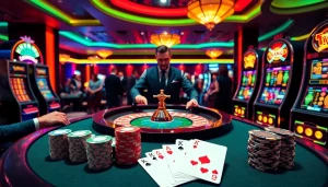 Engaging gamblers at MK8 casino table with vibrant roulette, poker chips, and spin slot machines.