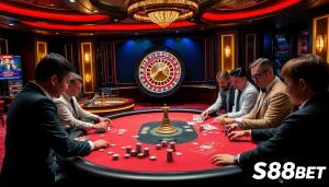 Excited gamblers participating in a luxurious S88BET casino experience with cards and chips.