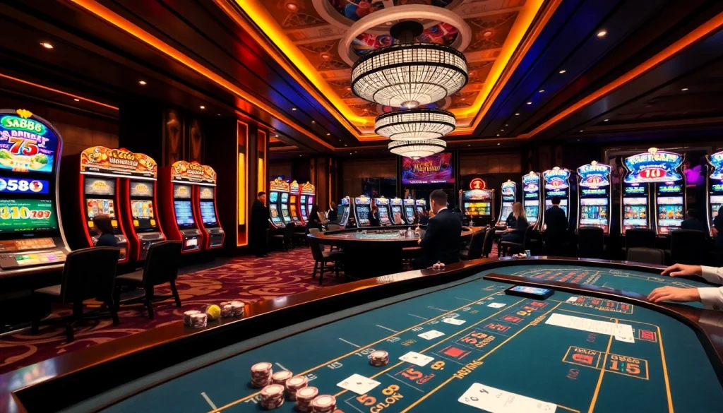 sa88 players engaging with baccarat tables and vibrant slot machines in a luxurious casino setting