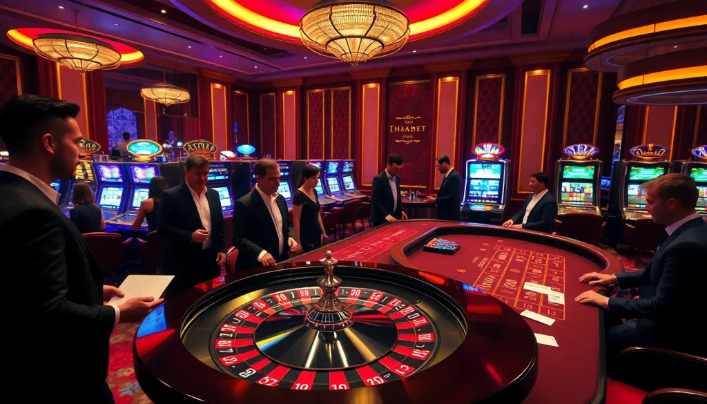 Experience thrilling gameplay at thabet casino with illuminated slot machines and poker action.