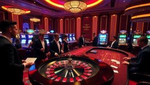 Experience thrilling gameplay at thabet casino with illuminated slot machines and poker action.