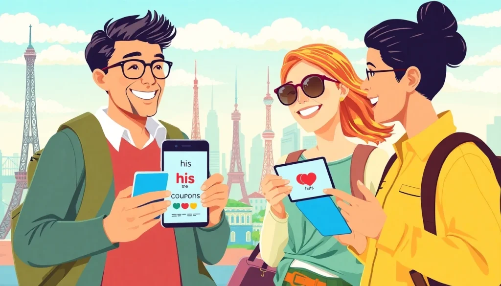 有名なランドマークを背景に、旅の冒険を予約するために his クーポンを楽しそうに使う旅行者たち。