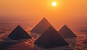 Discover the stunning Giza Pyramids at https://piraminds.com/, highlighted during a breathtaking sunset.