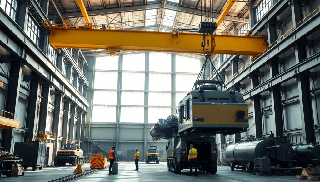 Bridge crane lifting heavy machinery in a well-lit industrial workspace, showcasing its robust design.