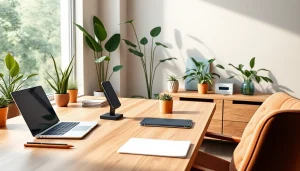 MMOO wooden phone holder in a modern workspace with natural lighting.