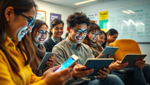 Youdao app utilized in a vibrant, collaborative learning space showcasing diverse students engaging with technology.