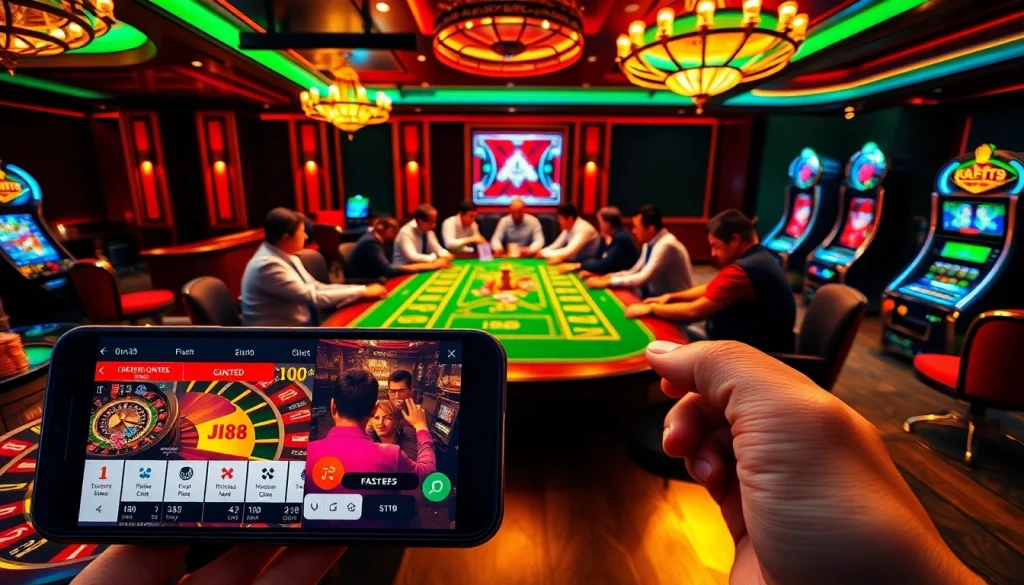 Experience the excitement of j88 with players at a vibrant poker table, showcasing luxury casino elements.