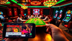 Experience the excitement of j88 with players at a vibrant poker table, showcasing luxury casino elements.