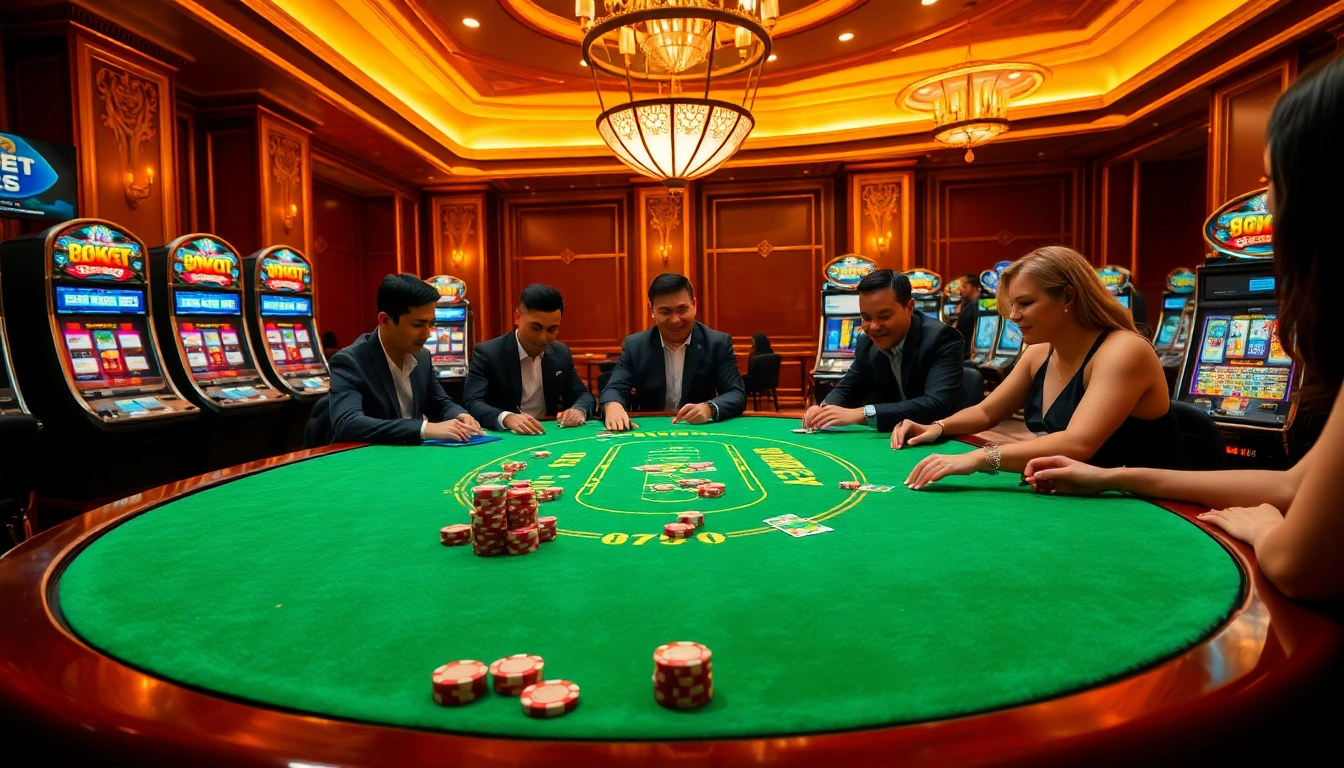 Exciting poker game in a luxurious casino atmosphere at 8qbet, featuring vibrant colors and professional players.