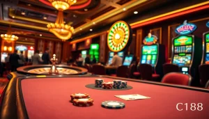 Experience excitement at C168 Casino with vibrant tables, shining chips, and spinning roulette wheels.