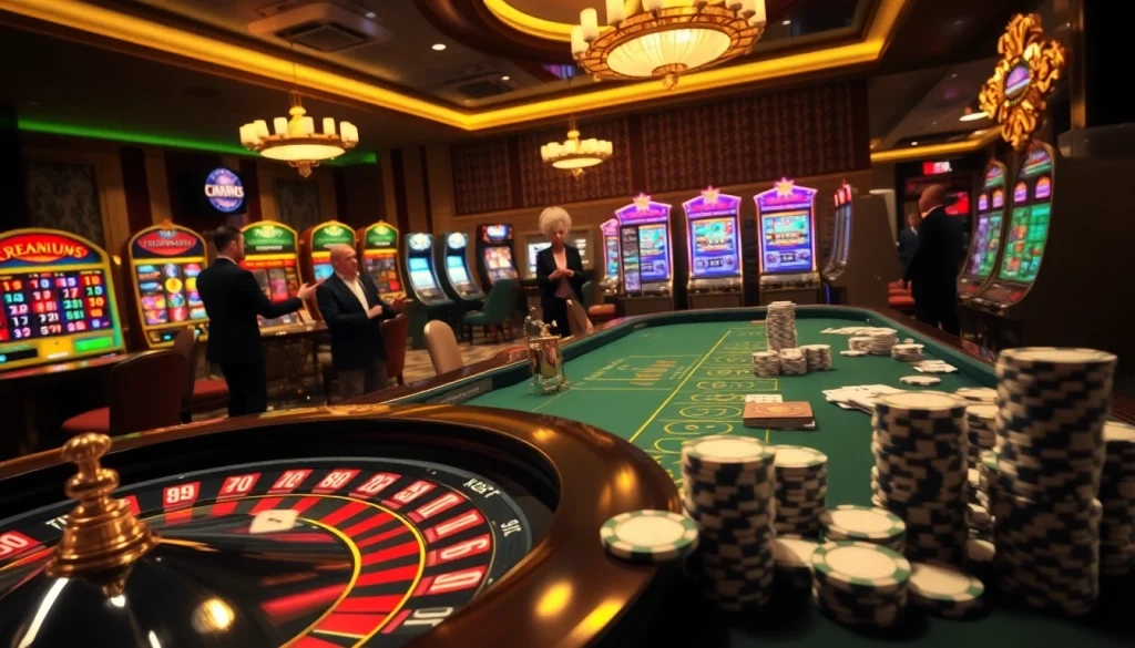 Excited players engage with the luck8 casino scene, featuring a roulette wheel and vibrant poker action.