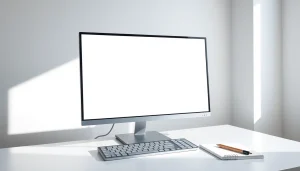 A bright white full screen on a modern monitor, creating a calm workspace atmosphere for focus and productivity.