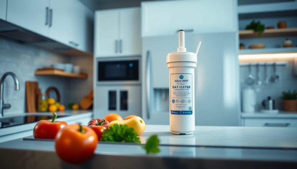 AQUA CREST DA97-17376B Replacement for Samsung DA97-08006C water filter prominently displayed in a bright kitchen.