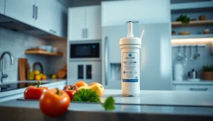 AQUA CREST DA97-17376B Replacement for Samsung DA97-08006C water filter prominently displayed in a bright kitchen.