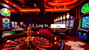 Log In to a luxurious online casino interface featuring roulette, poker cards, and vibrant slot machines.
