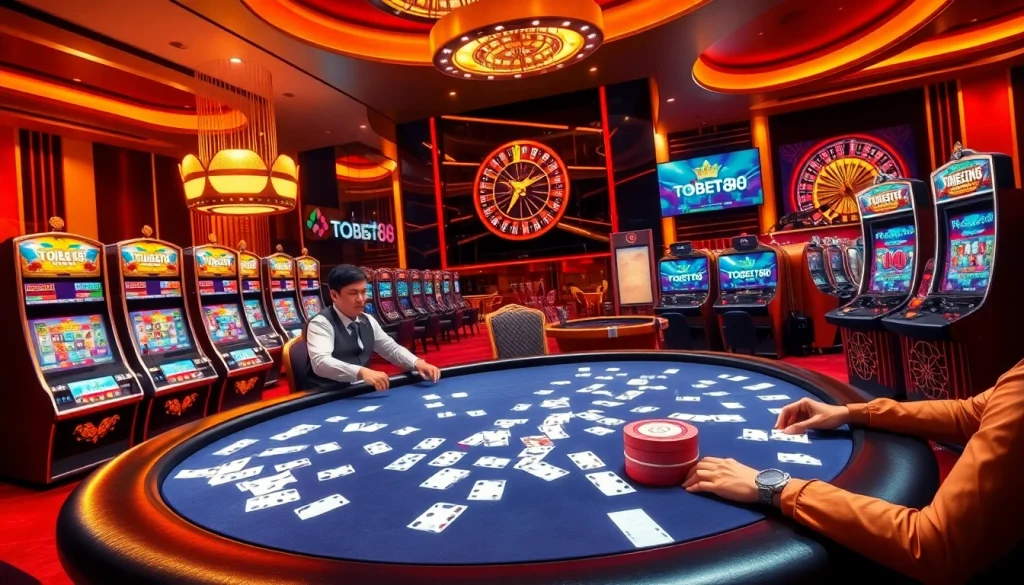 Exciting gambling scene showcasing diverse games at nhà cái tobet88 with poker table, slot machines, and roulette.
