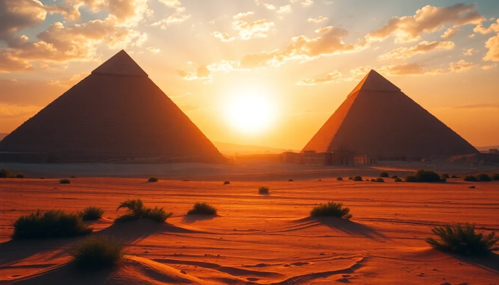 Visit https://piraminds.com/ to witness the majestic Great Pyramids of Giza under a stunning sunset.