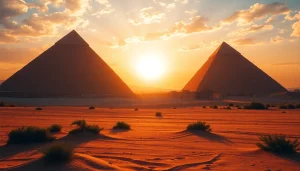 Visit https://piraminds.com/ to witness the majestic Great Pyramids of Giza under a stunning sunset.