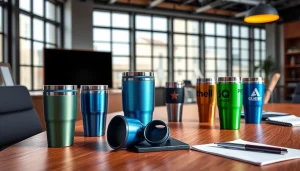 Reklaminiai termo puodeliai su logotipu rodomi modernioje biuro aplinkoje, demonstruodami prekės ženklo identitetą ir stilių.