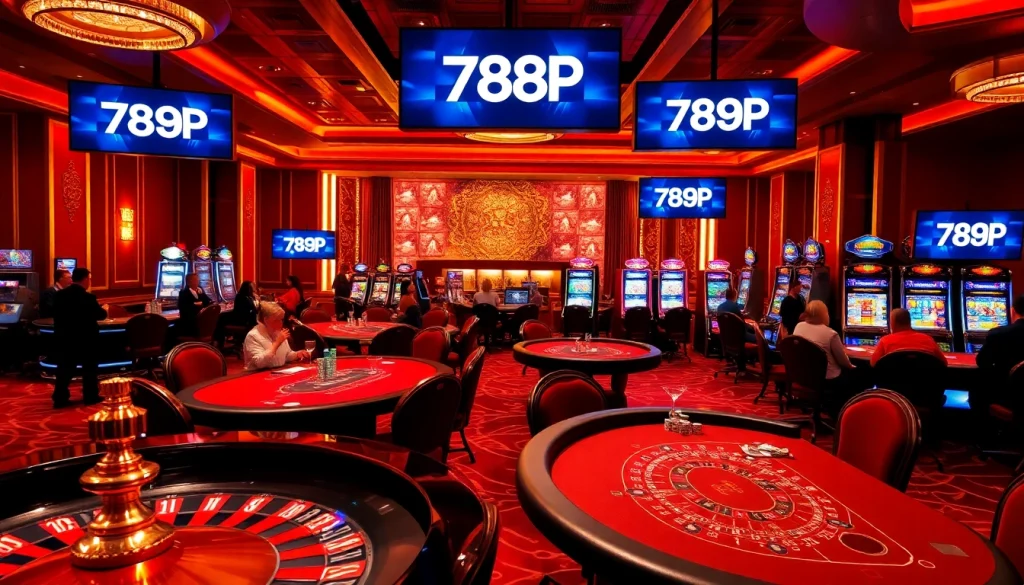 Players enjoying high-stakes games at 789P Casino featuring roulette wheels and poker tables.