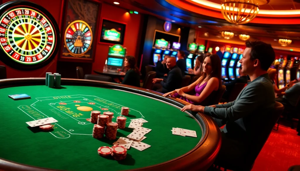 Players enjoying a vibrant gaming experience at an oxplay casino with tables and slot machines.
