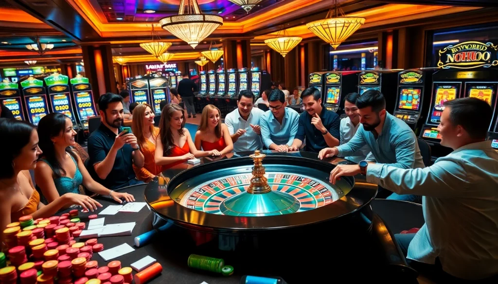 Players enjoying a lively gambling experience at a nohu90 casino table with vibrant chips and cards.