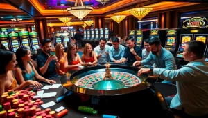 Players enjoying a lively gambling experience at a nohu90 casino table with vibrant chips and cards.