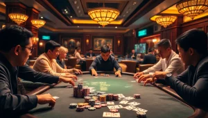 Man88 poker table showcasing intense gameplay with vibrant chips and playing cards, creating excitement.