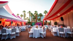 Las Vegas Party Rentals setup featuring colorful tents, elegantly arranged tables, and festive decorations.