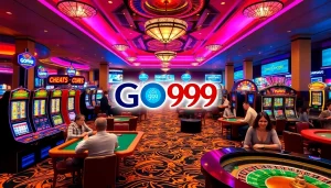 Engaging scene at a casino with players enjoying GO99 games at colorful tables.