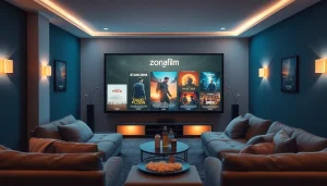Enjoy a cozy home theater experience with zonafilm movie posters and plush seating.