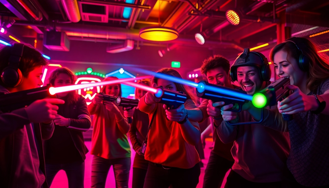 Friends engaged in an exciting game of Laser tag in a vibrant arena.