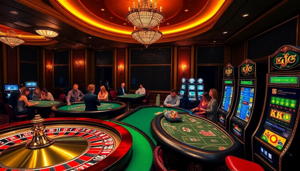 KJC casino scene with roulette wheel, poker action, and luxury ambiance.