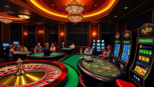 KJC casino scene with roulette wheel, poker action, and luxury ambiance.