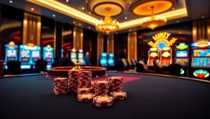 Engaging scene at nhà cái tobet88 featuring a modern casino table and colorful slot machines.