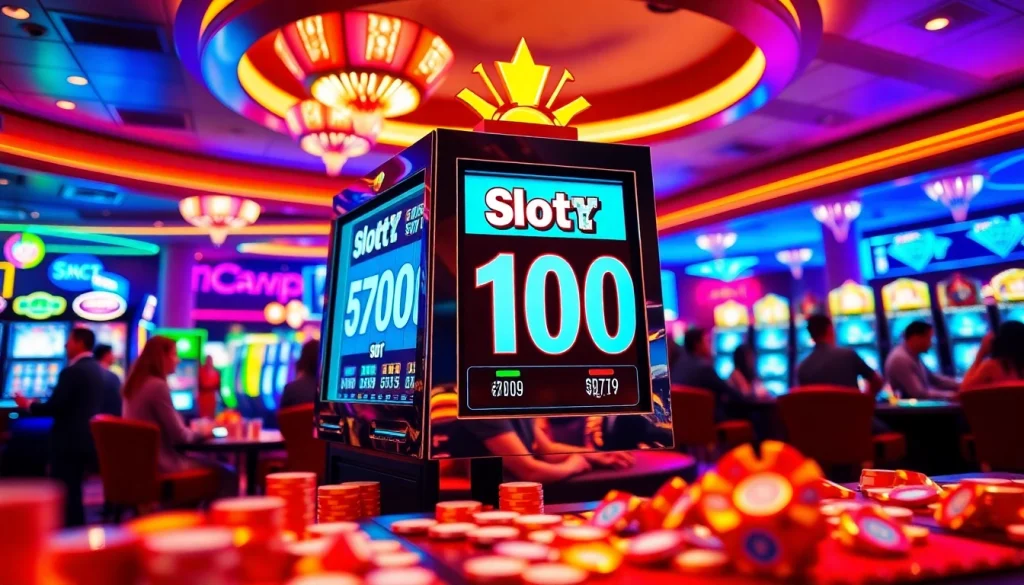 Pemain yang antusias berinteraksi dengan mesin Slot Bet 100 dalam suasana kasino mewah.