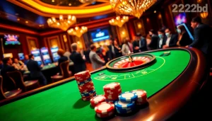 Experience the excitement of gaming at 222bd with vibrant poker chips and casino tables.