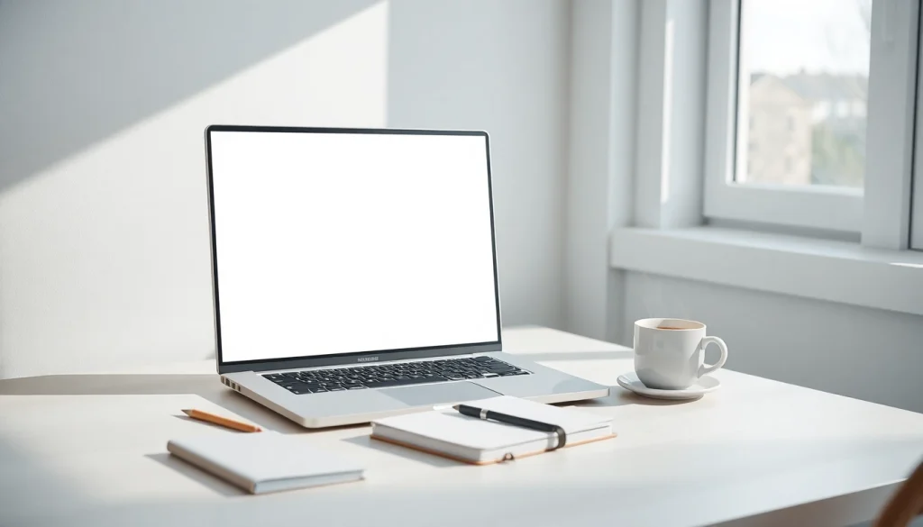 Bright white full screen displayed on a modern laptop in a serene workspace, promoting focus and productivity.