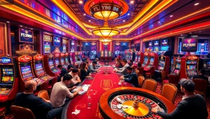 Exciting casino atmosphere at FLY888 showcasing card games, lively players, and colorful slot machines.