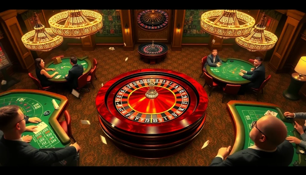 Exciting casino atmosphere featuring TK88 players engaging at roulette and poker tables.