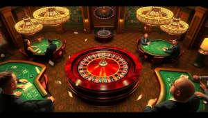 Exciting casino atmosphere featuring TK88 players engaging at roulette and poker tables.