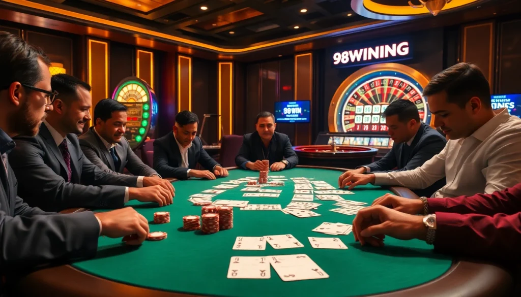 98WIN players engaging at a luxury poker table highlighting excitement and strategy in the casino.