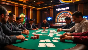 98WIN players engaging at a luxury poker table highlighting excitement and strategy in the casino.